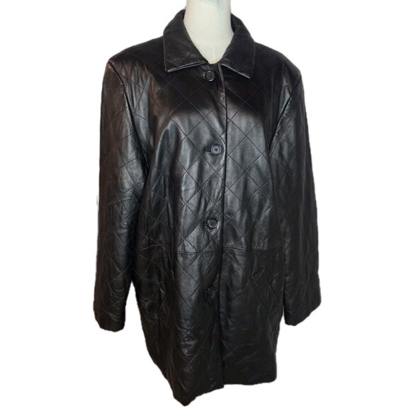 Modern Essentials Women’s 16/18W Genuine Leather Quilted Black Coat Plus Sz Y2K - Picture 1 of 9